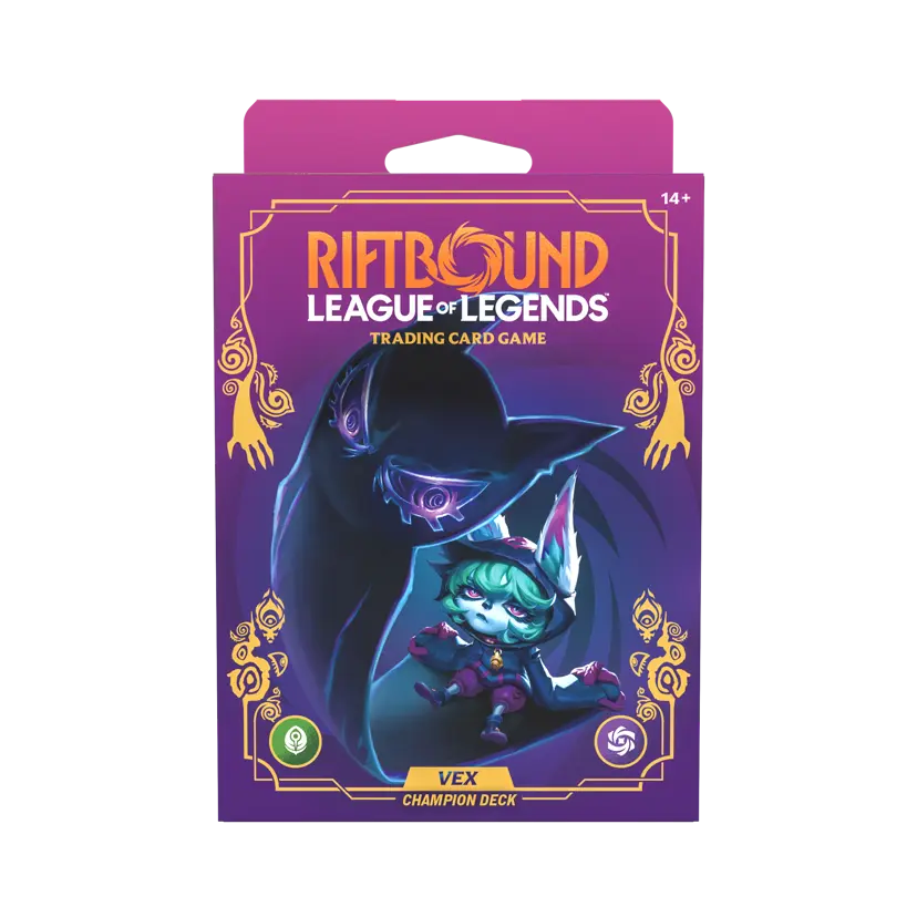 Riftbound: Unleashed Vex Champion Deck by UVS Games, featuring vibrant artwork of Vex champion cards on a gaming deck.