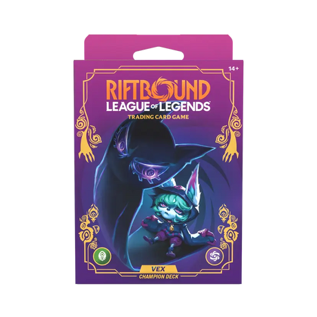 Riftbound: Unleashed Vex Champion Deck by UVS Games, featuring vibrant artwork of Vex champion cards on a gaming deck.