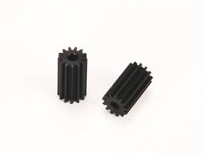 Two PN Racing Delrin 64P long pinion gears for RC cars, showing their durable black plastic construction.