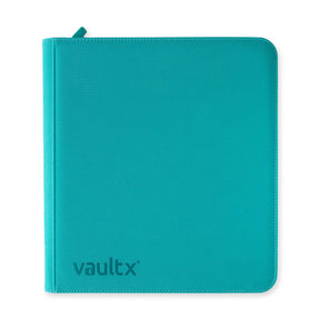 Ocean-blue Vault X Exo-Tech 12-Pocket Zip Binder XL open with visible pockets and zipper, showcasing durable design and spacious storage.