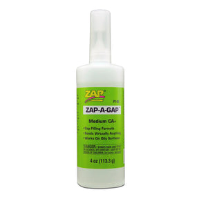 Zap Zap-A-Gap CA+ Glue medium bottle with green cap and label, ideal for quick adhesive bonding and precise application.