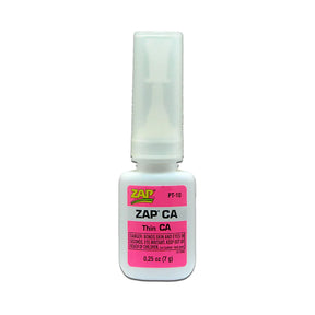Thin pink CA glue by Zap, showing a close-up of the clear adhesive bottle with pink cap and label.