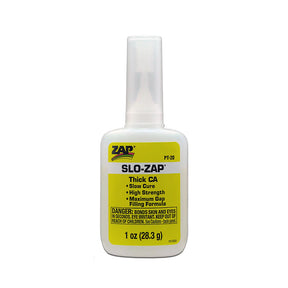 Yellow thick Zap Slo-Zap CA adhesive bottle with applicator tip for strong, fast bonding of crafts and repairs.