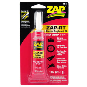 Zap ZAP-RT Rubber Toughened CA glue in a small applicator bottle with a clear nozzle for precise bonding.