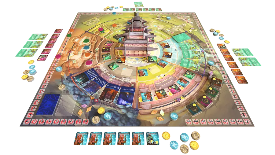 Ryozen board game by Tabula Games featuring detailed artwork of game components and colorful game pieces on a wooden table