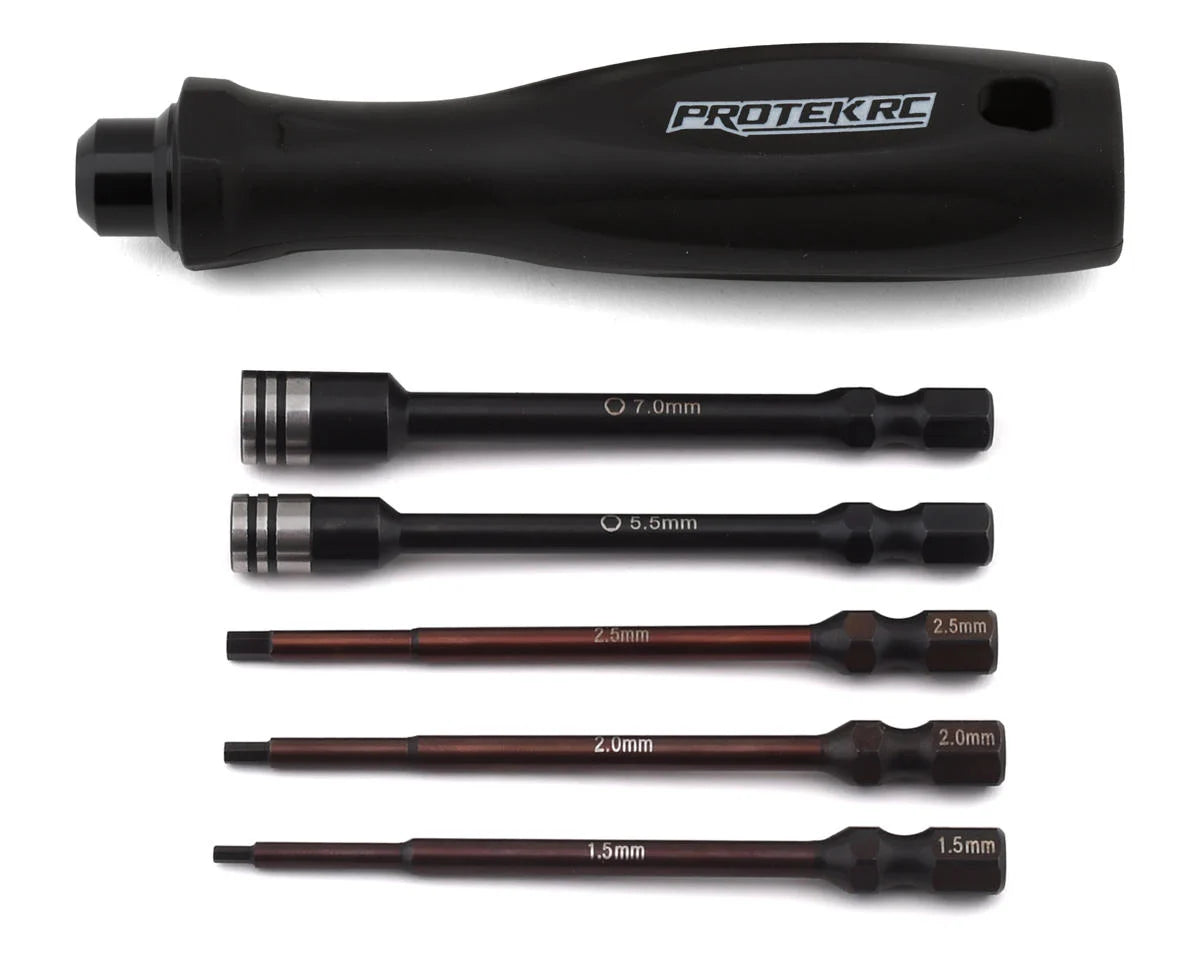 ProTek RC TruTorque 5-piece metric drive hex and nut driver set with ergonomic handles and precision tips for RC hobbyists.
