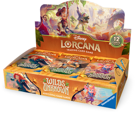 Lorcana TCG Wilds Unknown booster box featuring colorful card artwork and packaging for collectible card game enthusiasts