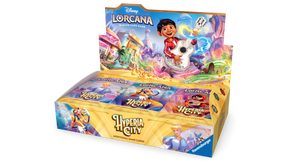 Lorcana TCG Hyperia City Booster Box with colorful booster packs featuring fantasy artwork for collectible card game.