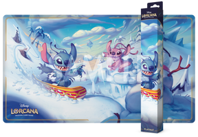 Lorcana TCG Hyperia City Snowboarding Snitch Playmat featuring vibrant snowy cityscape design and snowboarding snitch illustration.