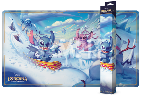 Lorcana TCG Hyperia City Snowboarding Snitch Playmat featuring vibrant snowy cityscape design and snowboarding snitch illustration.