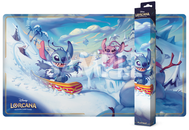 Lorcana TCG Hyperia City Snowboarding Snitch Playmat featuring vibrant snowy cityscape design and snowboarding snitch illustration.
