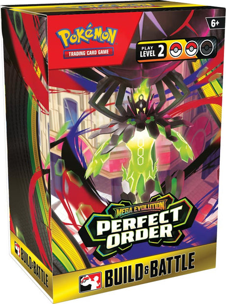 Pokemon Perfect Order Build & Battle Box featuring TCG cards and a vibrant design with iconic Pokémon characters.