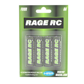 Four Rage RC AA alkaline batteries shown in a pack, suitable for remote controls and electronic devices.