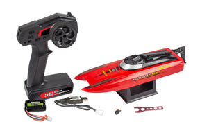 Rage RC SuperCat MX electric micro remote control boat speeding on water with sleek design and vibrant colors.