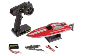 Rage RC LightWave electric micro remote-controlled boat on water, featuring sleek design and compact size for racing and recreation.