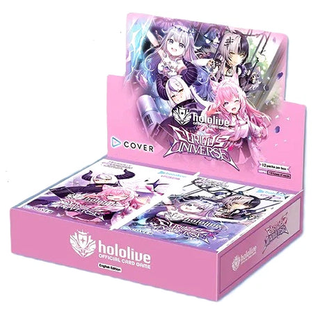 Hololive Curious Universe booster box by BushiRoad, featuring colorful anime-style cards and artwork from the collectible card game.