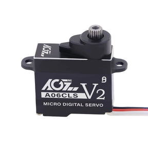 AGF RC A06CLS v2 digital coreless micro servo for RC cars, showing compact design and electrical connectors
