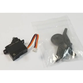 GL Racing Metal Gear Servo GL003-DMG showing a compact metal gear servo with wiring and mounting arms for RC car applications