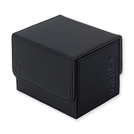 Vault X Exo-Tech Sideloading Deck Box 100+ in signature black, showcasing its sleek design and side-loading storage for game cards.