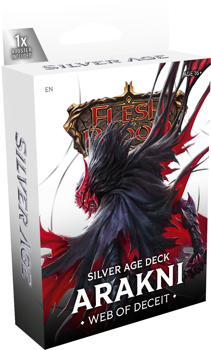 Silver Age Chapter 2 starter deck of Flesh and Blood collectible trading cards by Legends Story Studios, featuring detailed card artwork.