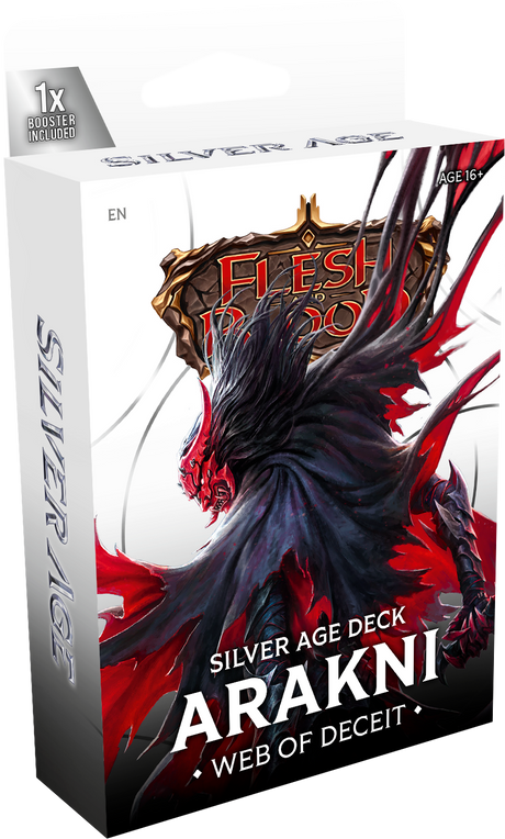 Flesh and Blood Silver Age Chapter 2 starter decks by Legends Story Studios, featuring collectible trading cards and game artwork.
