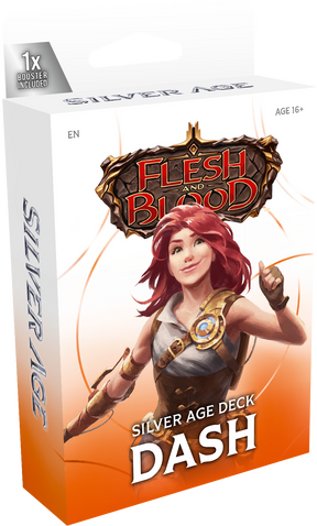 Flesh and Blood Silver Age Chapter 1 Starter Decks collectible trading cards by Legends Story Studios displayed on a table.