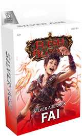 Flesh and Blood Silver Age Chapter 2 starter decks of collectible trading cards by Legends Story Studios, featuring vibrant card designs.