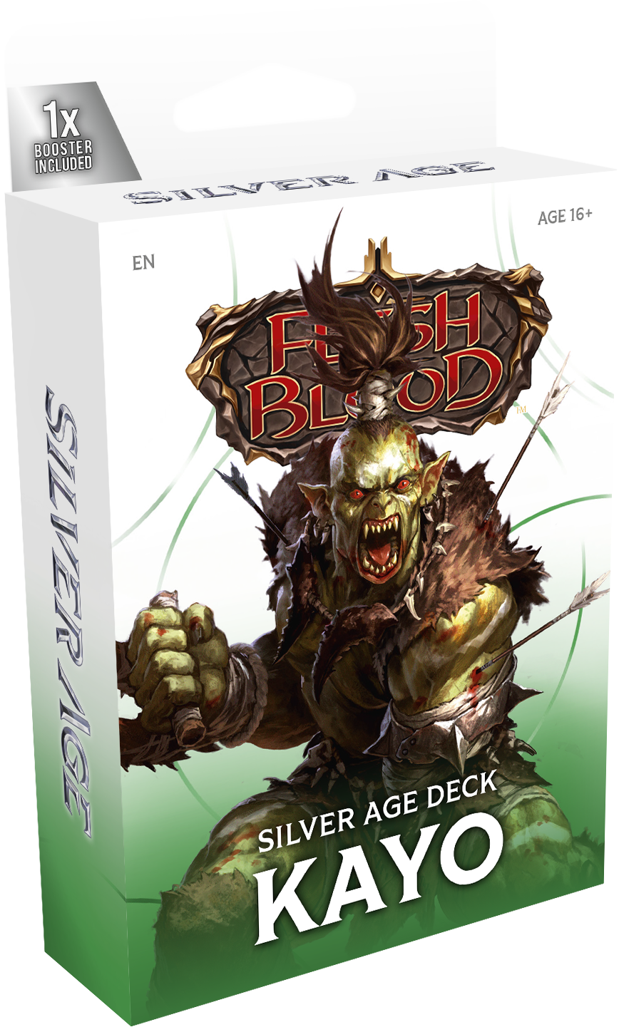 Flesh and Blood Silver Age Chapter 1 starter deck of collectible trading cards from Legends Story Studios, featuring colorful card art.