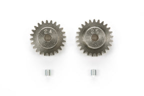 Tamiya 0.6 mod pitch 24T and 25T pinion gear set for RC cars, featuring metal gears with precise teeth for smooth performance.