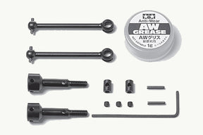 Tamiya Universal Shaft Assembly for TT-01, TT-02, TA04 RC car models, showing metal drive shafts and connectors.