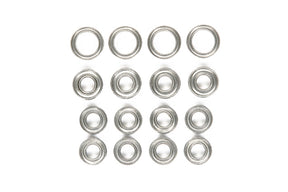 Tamiya TT02 ball bearing set with multiple precision metal bearings for RC car upgrades, shown in packaging.