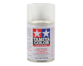 Tamiya TS-80 Flat Clear Spray Paint 100ml bottle, aerosol can with spray nozzle for model finishing and coating.