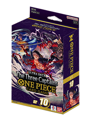Bandai One Piece TCG Ultimate Deck featuring The Three Captains with colorful cards and packaging showcasing iconic characters.
