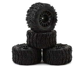 Upgrade RC Dirt Claw pre-mounted belted tires for ARRMA Granite Grom RC truck, showing rugged tread pattern and durable design.