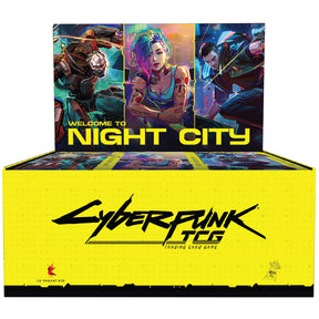 CyberPunk TCG Welcome to City Night Retail Booster Box by WeirdCo, featuring vibrant sci-fi themed card packaging and artwork.
