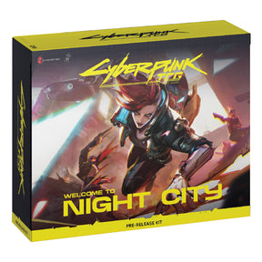 CyberPunk TCG retail pre-release kit by WeirdCo featuring game cards, packaging, and promotional materials for the collectible card game