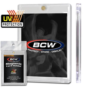 Magnetic card holder by BCW for 35 PT trading cards, featuring a secure magnetic closure and clear plastic window for display.