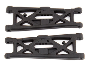 Team Associated RC10T6.1 front suspension arms with detailed metal components for remote control truck durability.
