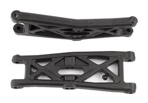 Team Associated RC10T6.2 front suspension arms with gull wing design, showing detailed plastic components and mounting points.