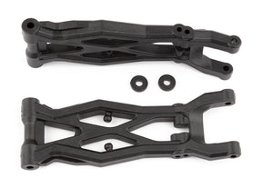Team Associated RC10T6.2 gull wing rear suspension arms showing close-up of black plastic arms with mounting holes.