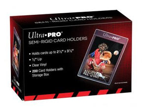 Ultra Pro semi-rigid card holders, 200-count pack, durable plastic sleeves for protecting trading cards and collectibles.