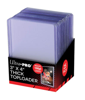 Ultra Pro 3x4 inch 100pt thick toploader for collectible cards, displayed with multiple clear protective card sleeves.