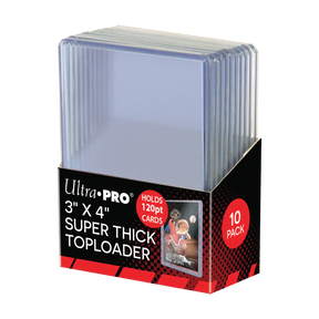 Ultra Pro 3x4-inch super thick 120PT toploaders for trading cards, displayed in a pack of 10 for card protection.