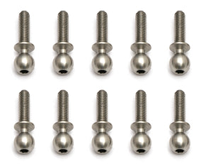 Team Associated heavy-duty 5.5x10mm RC car ball studs shown in close-up, with metallic finish and precise threading.