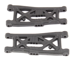 Team Associated RC10B6.3/4 FT front suspension arms with gull wing design, carbon fiber construction for RC racing cars.