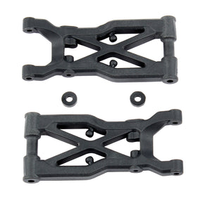 Team Associated RC10B74 rear suspension arms in hard plastic, shown on a scale model RC car for off-road racing.