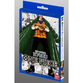 Bandai One Piece TCG Seven Warlords of the Sea Starter Deck collectible trading cards, featuring character artwork and card details.