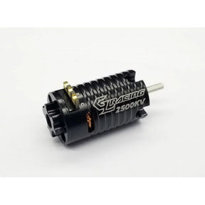 GL Racing brushless sensorless motor GMM-001-2500 for RC cars, showing the compact, high-performance motor with cooling fins and wiring.
