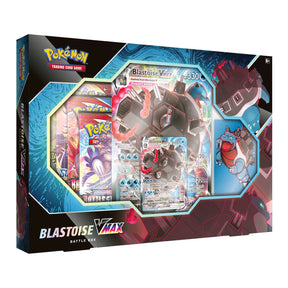 Pokemon Blastoise VMAX Battle Box with Pokémon cards, featuring artwork of Blastoise VMAX from the Pokémon trading card game.