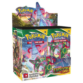 Pokémon Evolving Skies Booster Box for Pokémon TCG with colorful packaging and artwork featuring Pokémon characters.